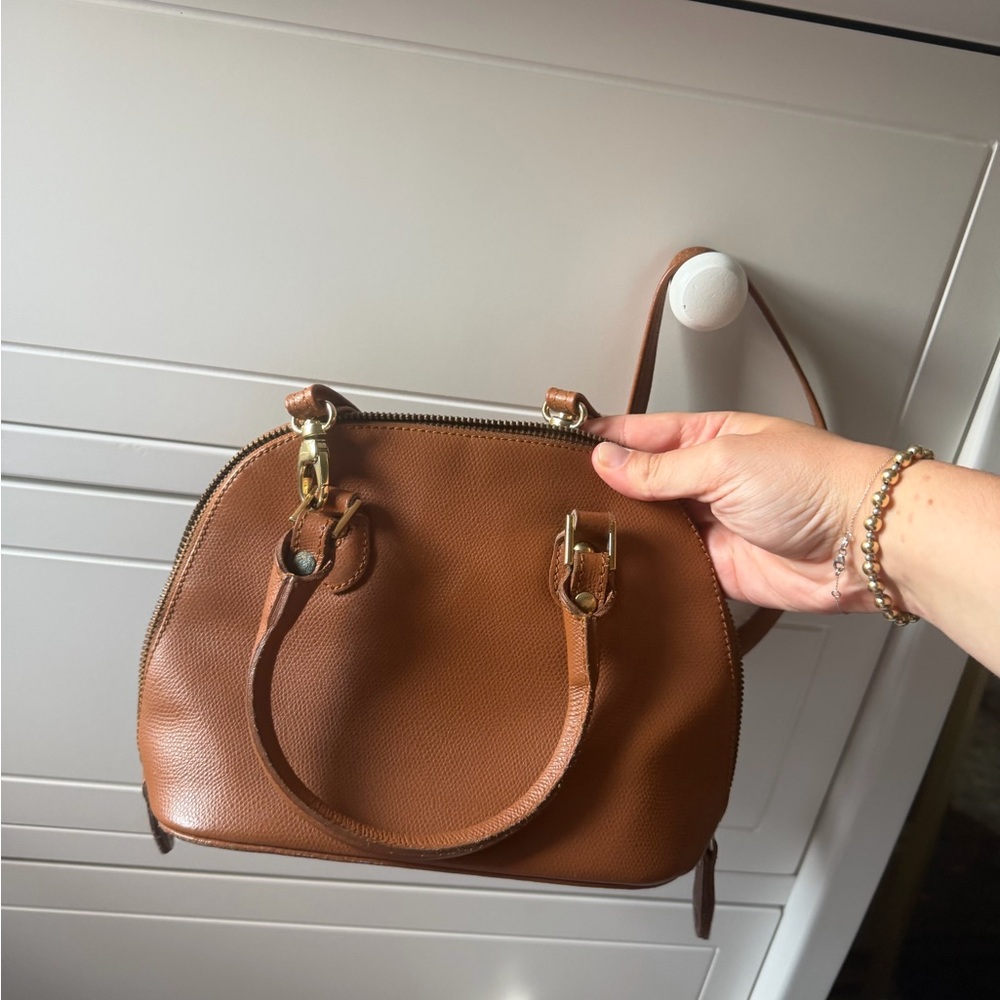 Classic Brown Leather Dome Satchel Handbag